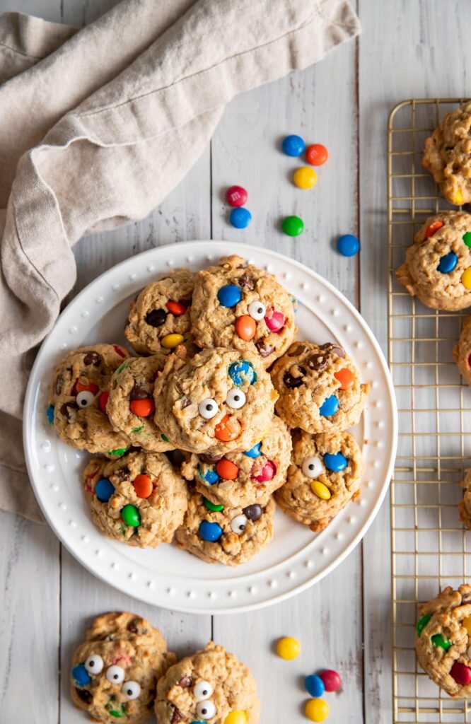 baked monster cookies on a plate