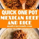 mexican beef and rice in a cast iron pot with tortillas on the side
