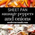 sausage peppers and onion on a sheet pan
