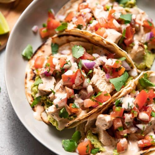 Chicken Street Tacos with Guacamole and Chipotle Aioli - Modern Crumb