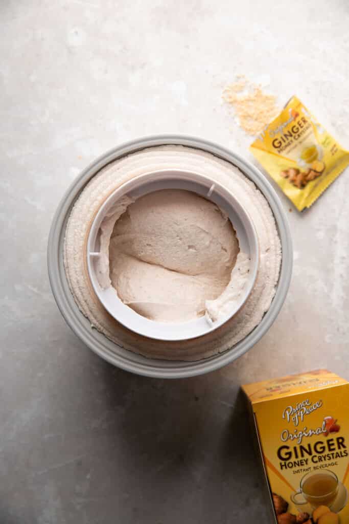 chai ice cream churned in an ice cream machine