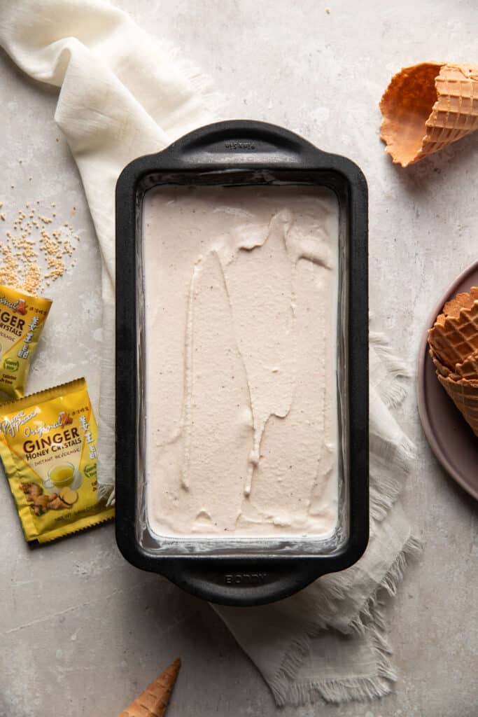 chai ice cream in a metal loaf pan