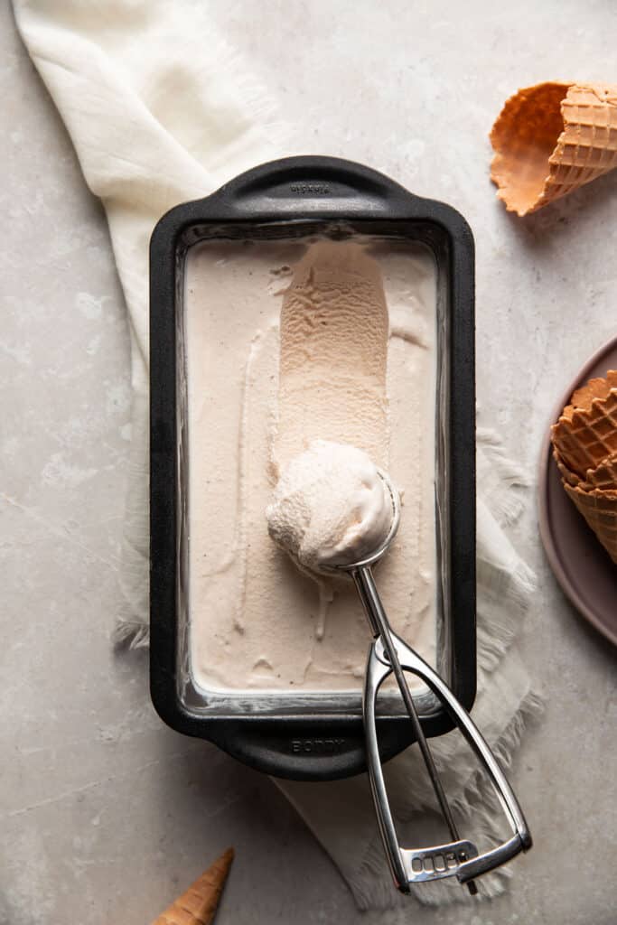 chai ice cream in a metal loaf pan