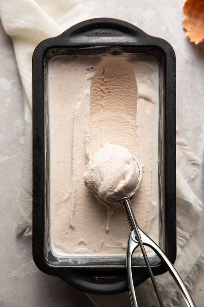 chai ice cream in a metal loaf pan