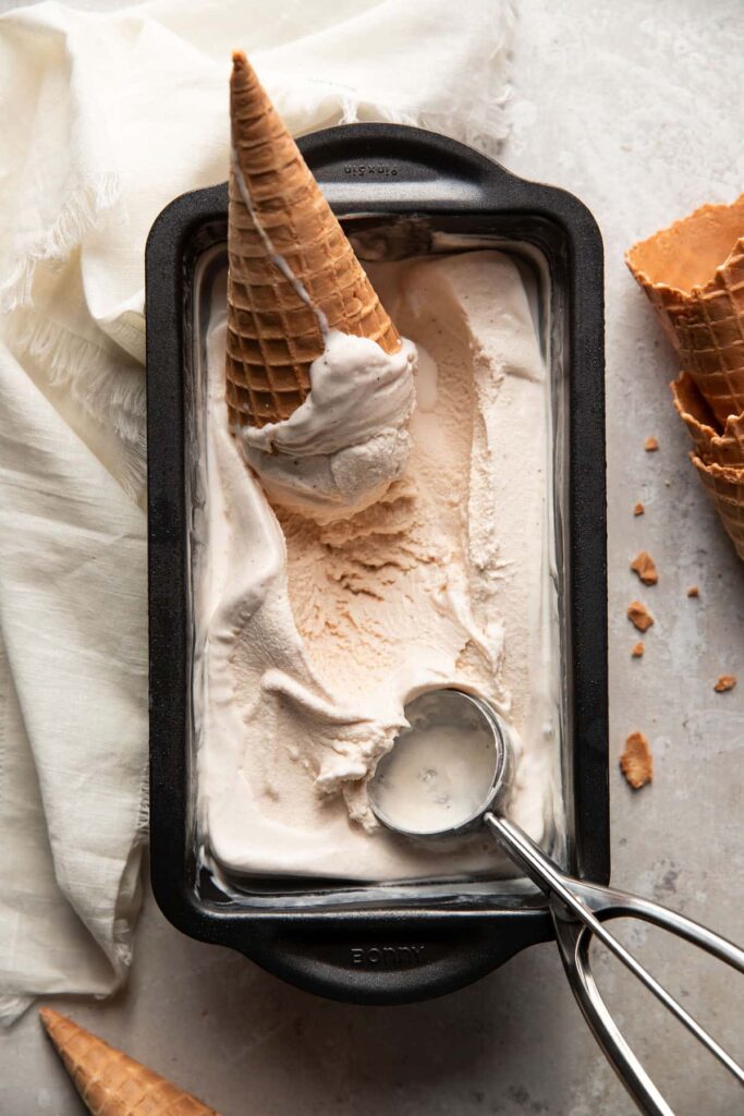chai ice cream in a metal loaf pan