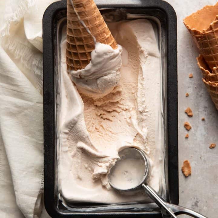 chai ice cream in a metal loaf pan