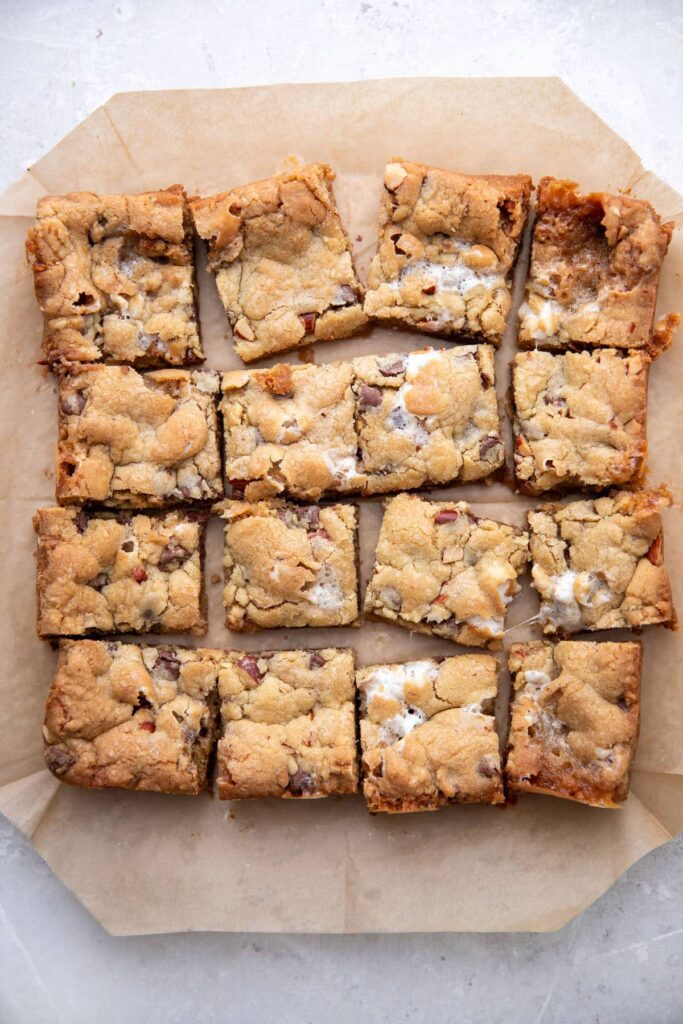 rocky road cookie bars cut into 16 squares
