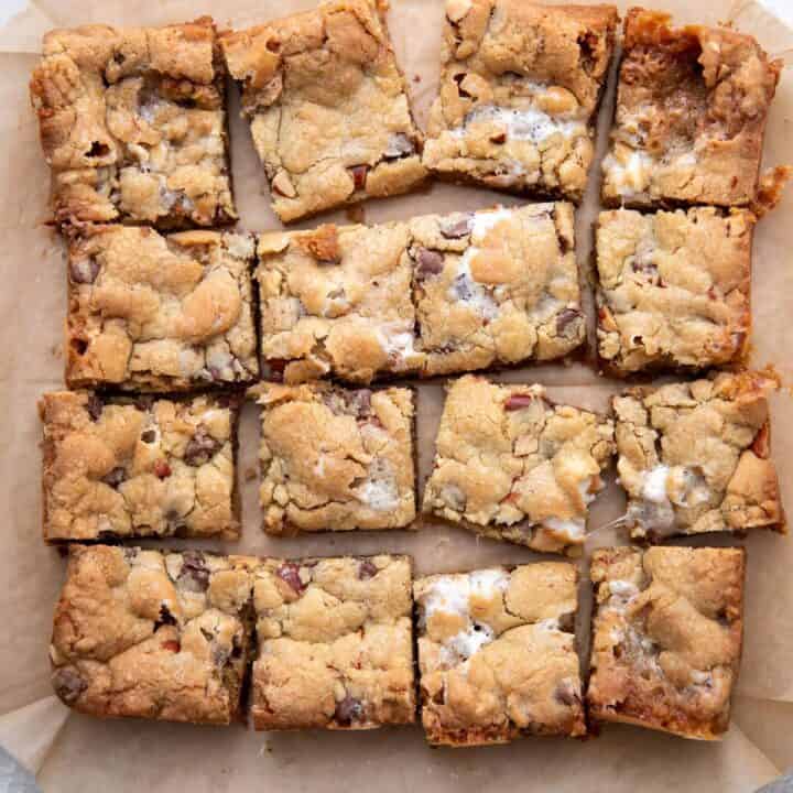 rocky road cookie bars cut into 16 squares