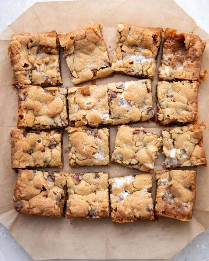 rocky road cookie bars cut into 16 squares