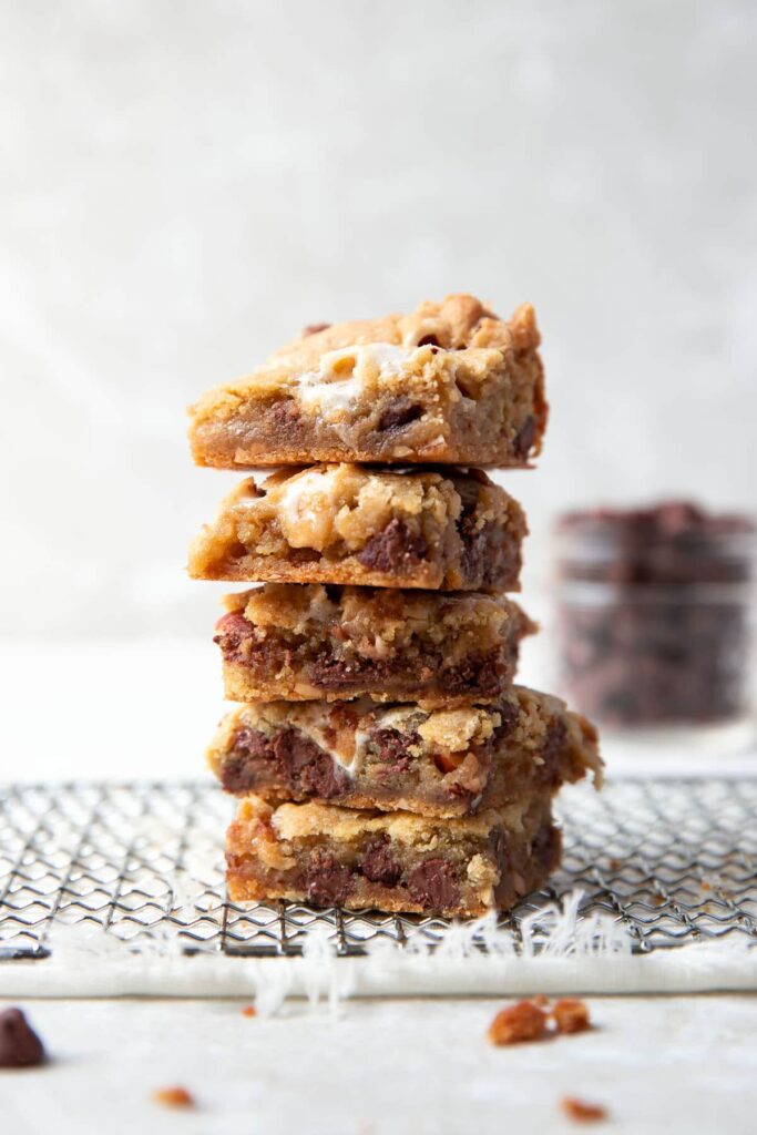 rocky road cookie bars stacked on each other