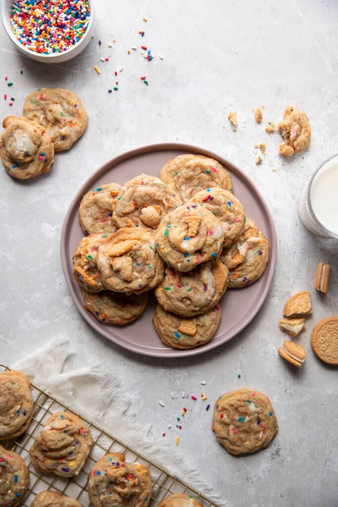 sprinkle cookies on a purple plate