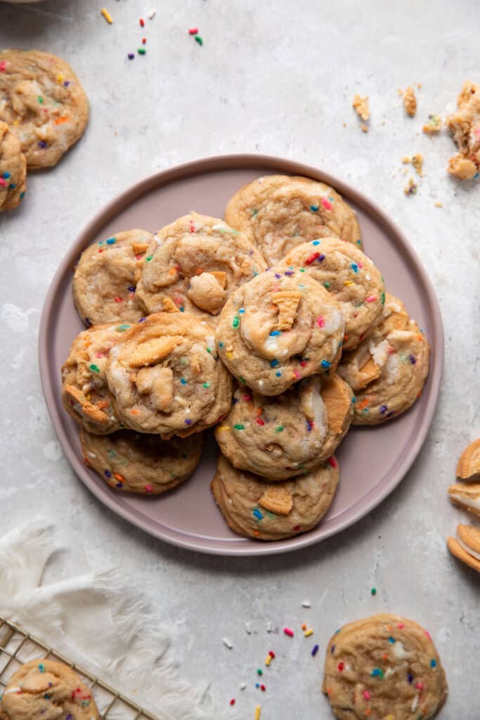 sprinkle cookies on a purple plate