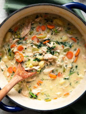 chicken gnocchi soup in a pot
