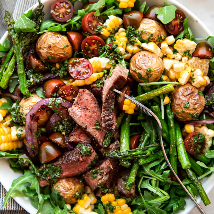 chimichurri steak salad in a bowl.