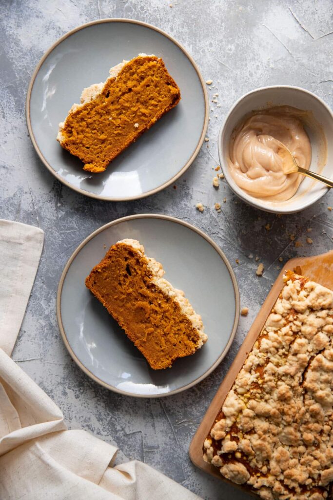 slices of pumpkin loaf on blue plates