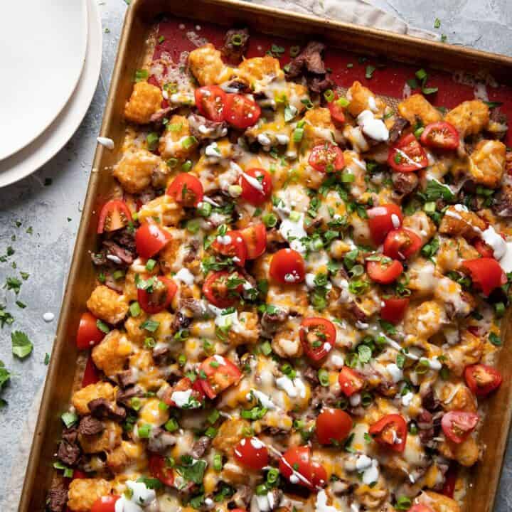 tater tot steak nachos southwest style on a sheet pan