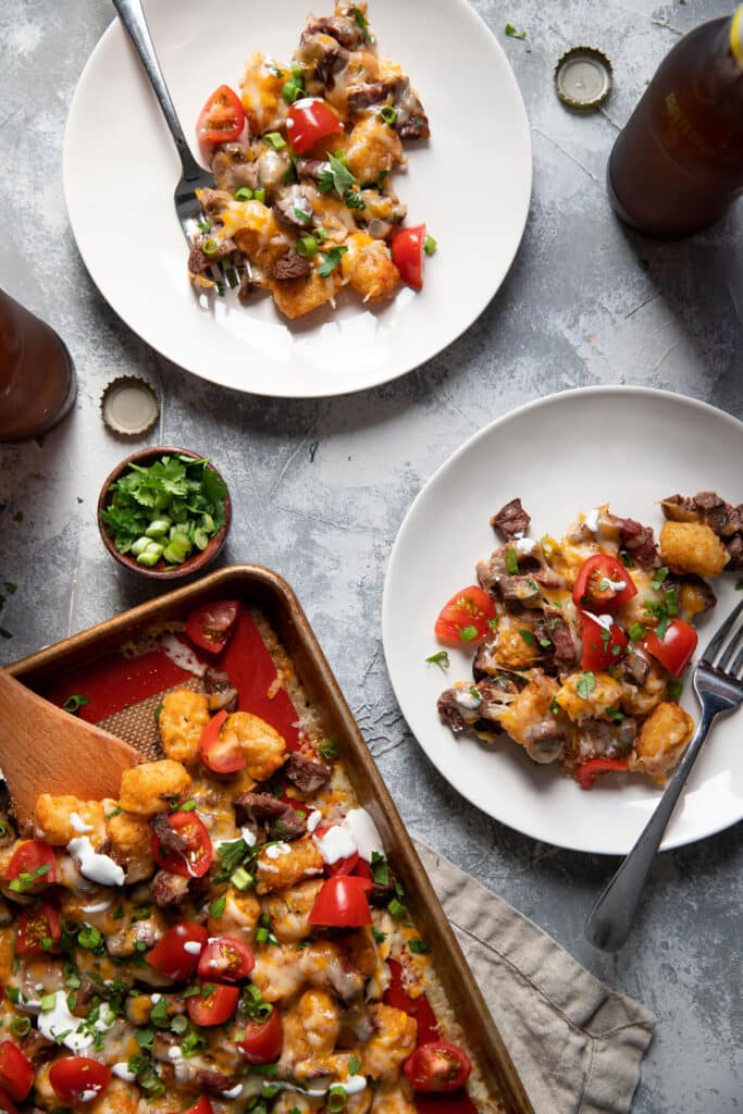 tater tot steak nachos southwest style on a sheet pan