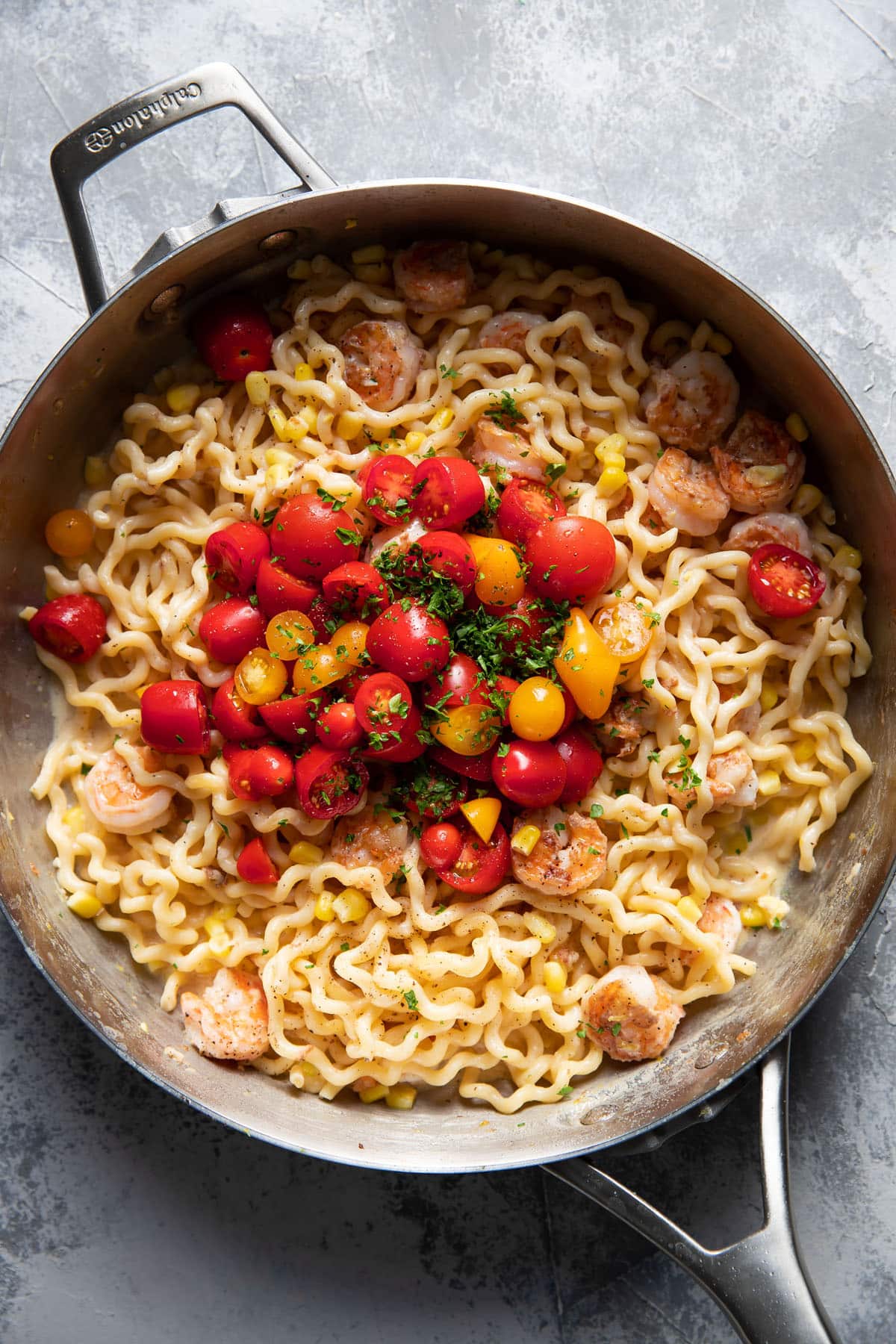 fusili pasta with shrimp corn and tomatoes