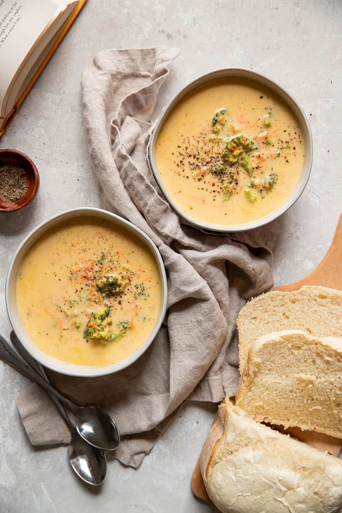 bowls of broccoli cheese soup