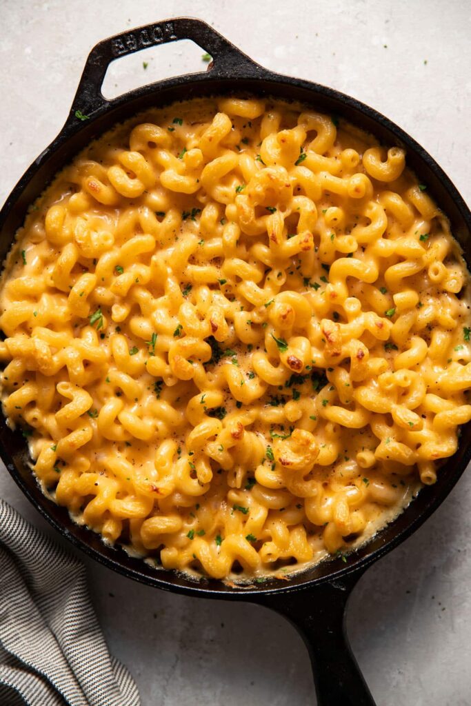 baked mac and cheese in a skillet