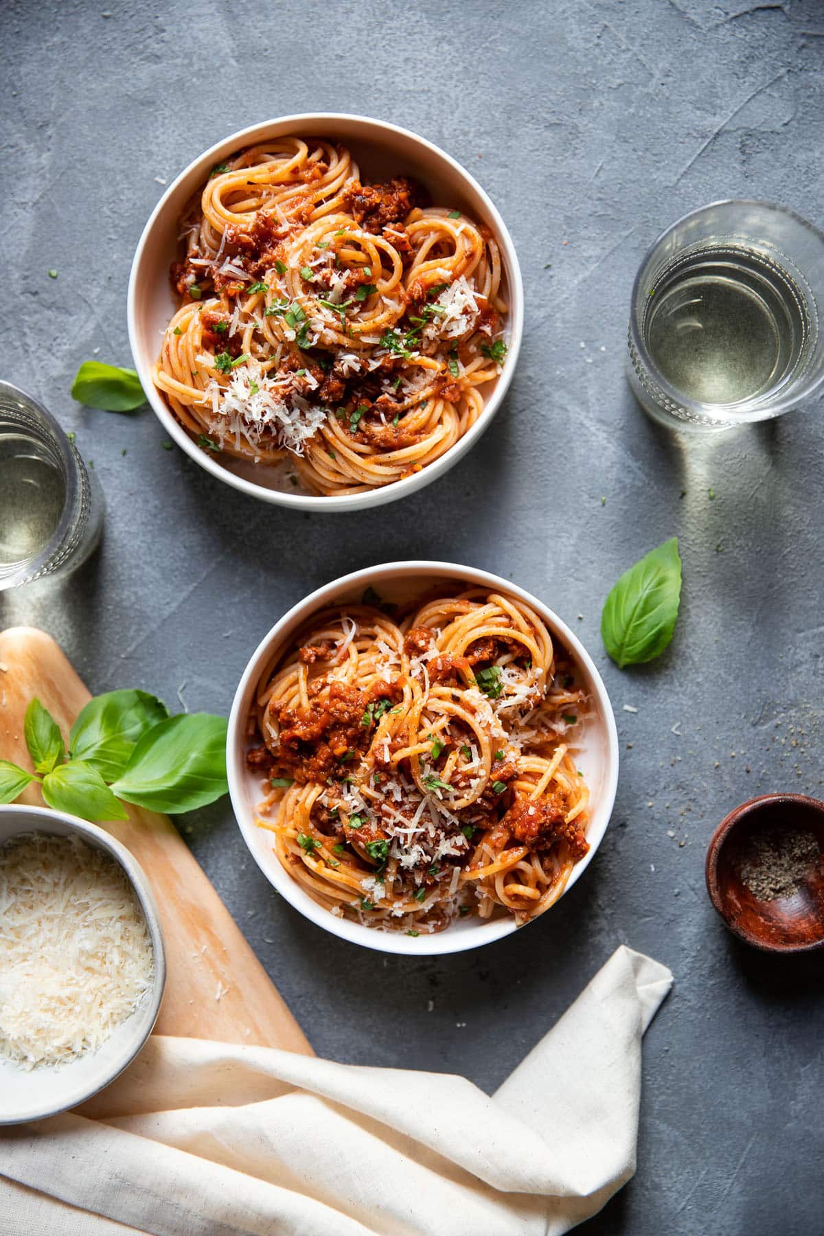 pasta in a bowl with meat sauce