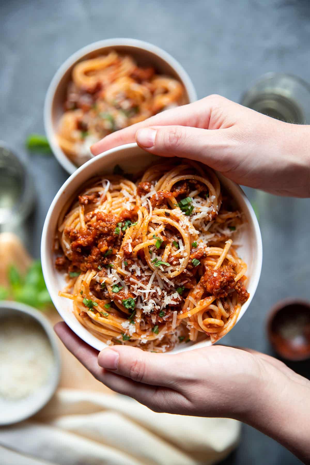 pasta in a bowl with meat sauce