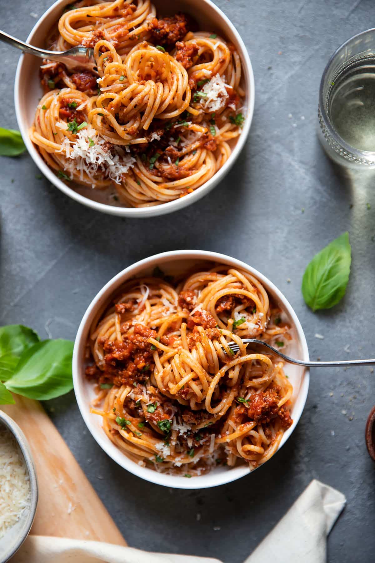 pasta in a bowl with meat sauce