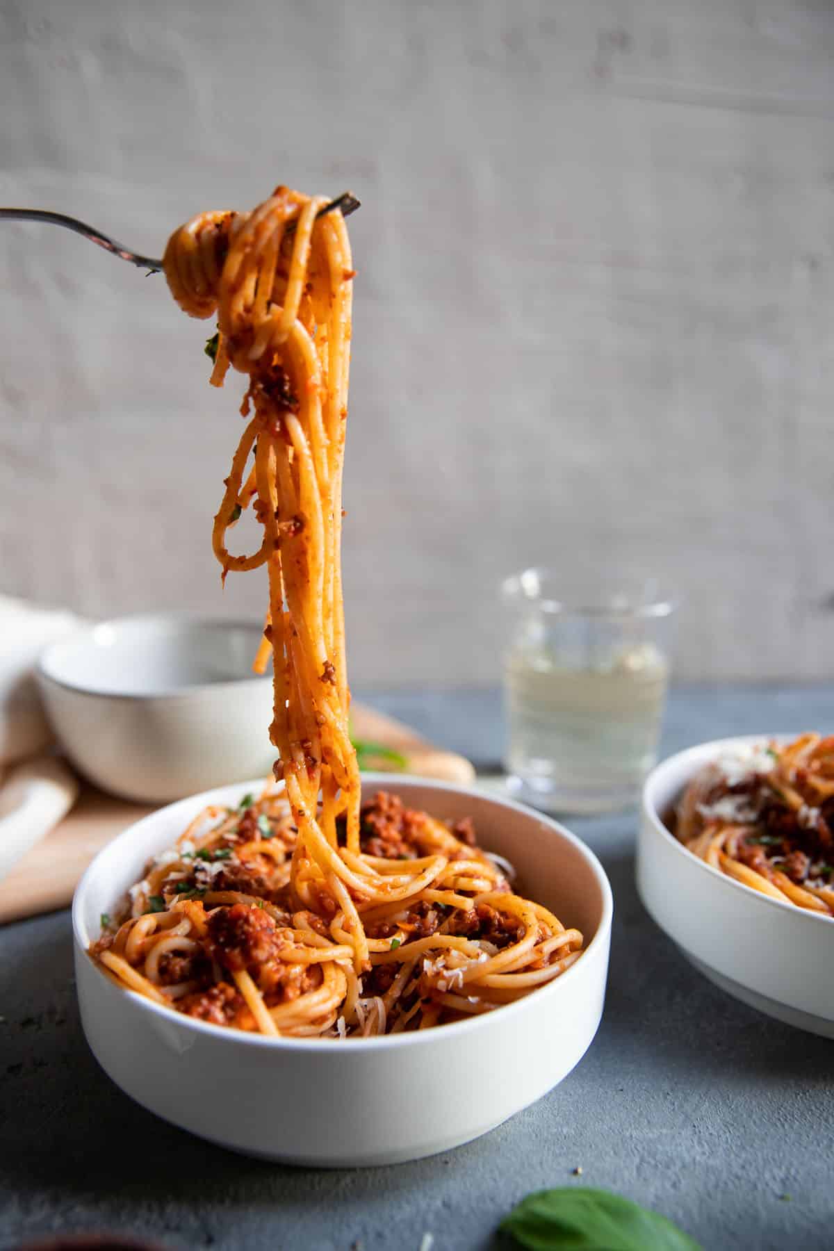 pasta in a bowl with meat sauce