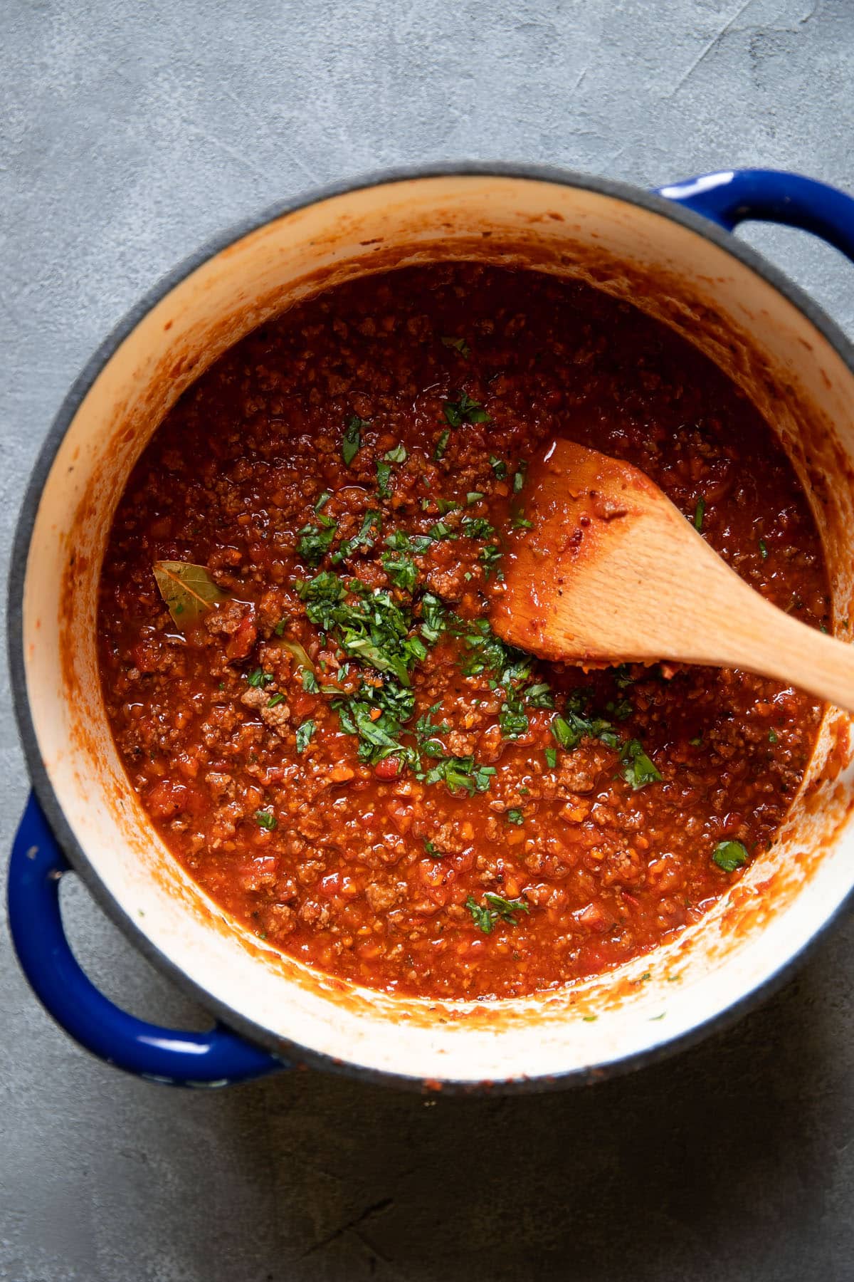 bolognese sauce in a dutch oven