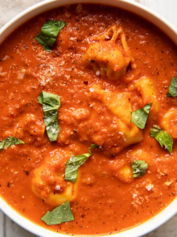 tomato tortellini soup in a bowl