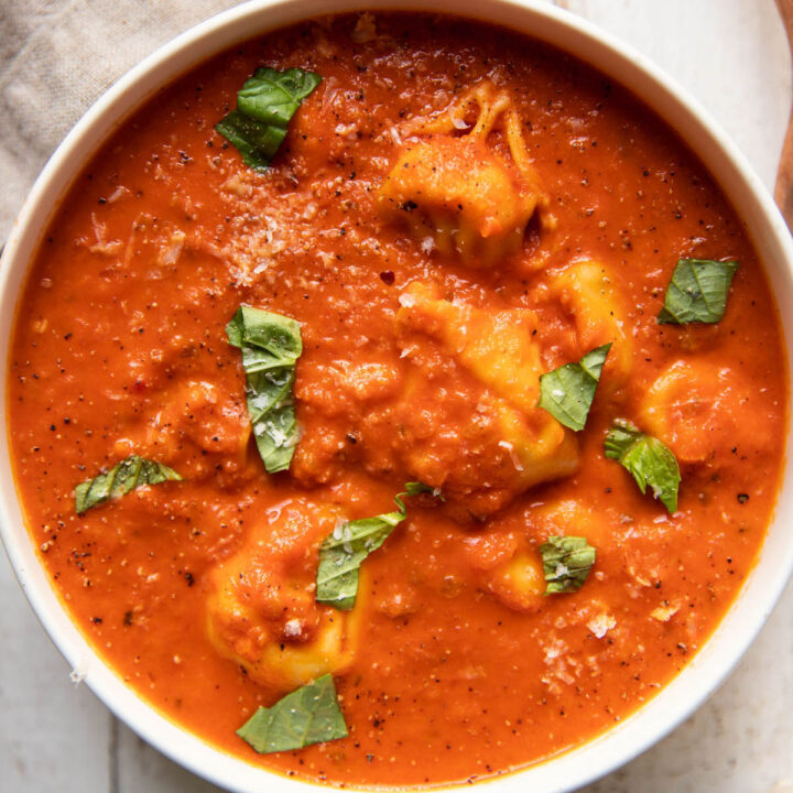 tomato tortellini soup in a bowl