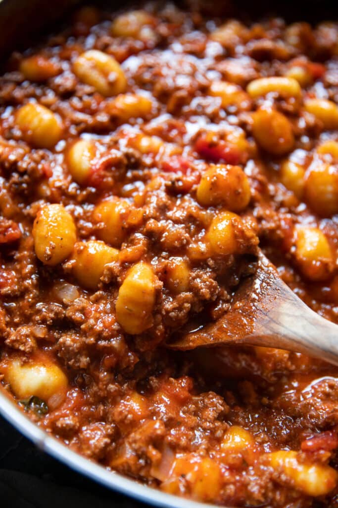 gnocchi marinara and ground beef in a pan