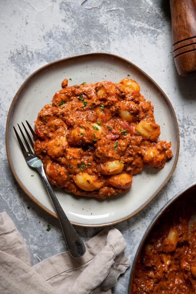 gnocchi marinara and ground beef in a pan