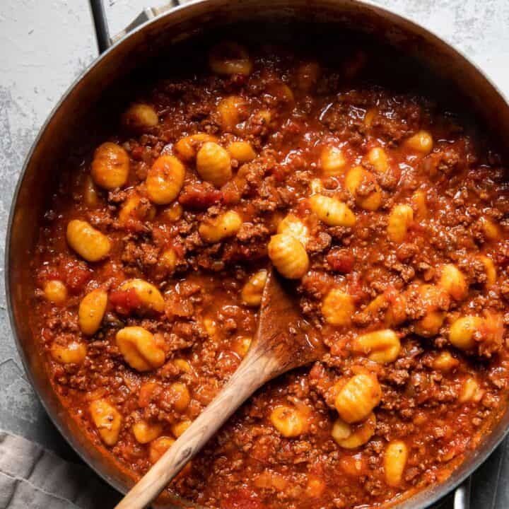 gnocchi marinara and ground beef in a pan