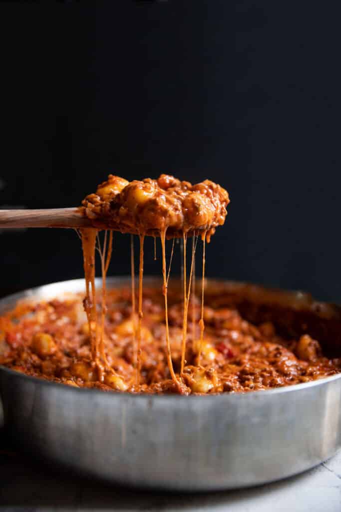 gnocchi marinara and ground beef in a pan