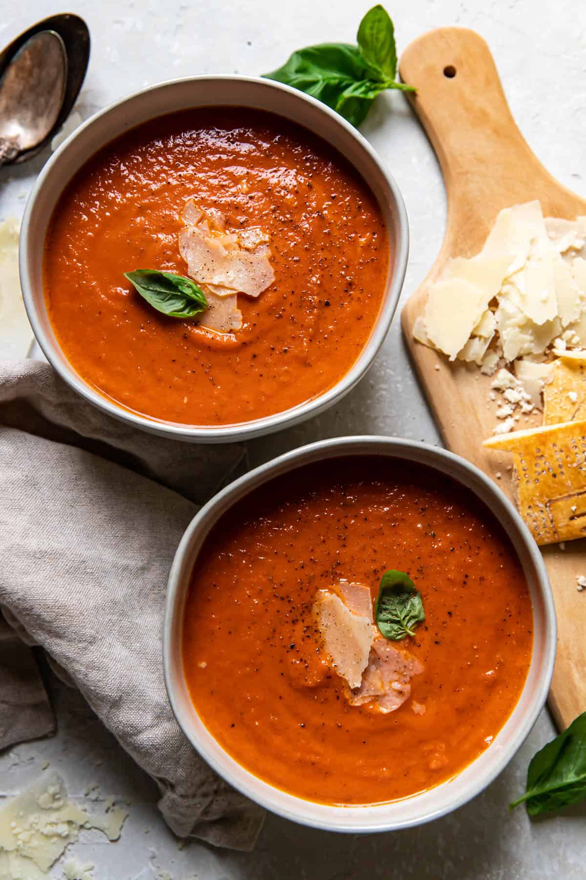 tomato basil soup in bowls.