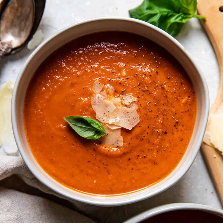 tomato basil soup in a bowl.