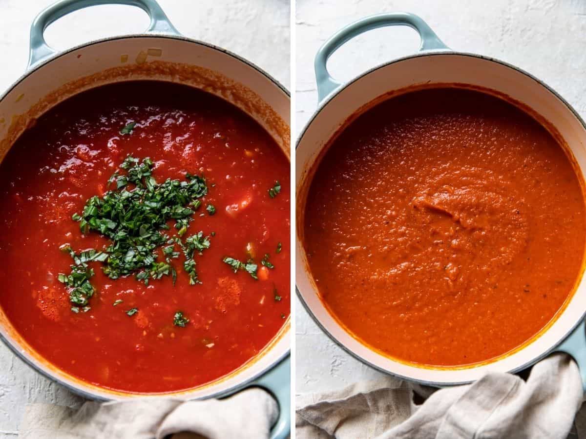 steps to making tomato basil soup, collage.