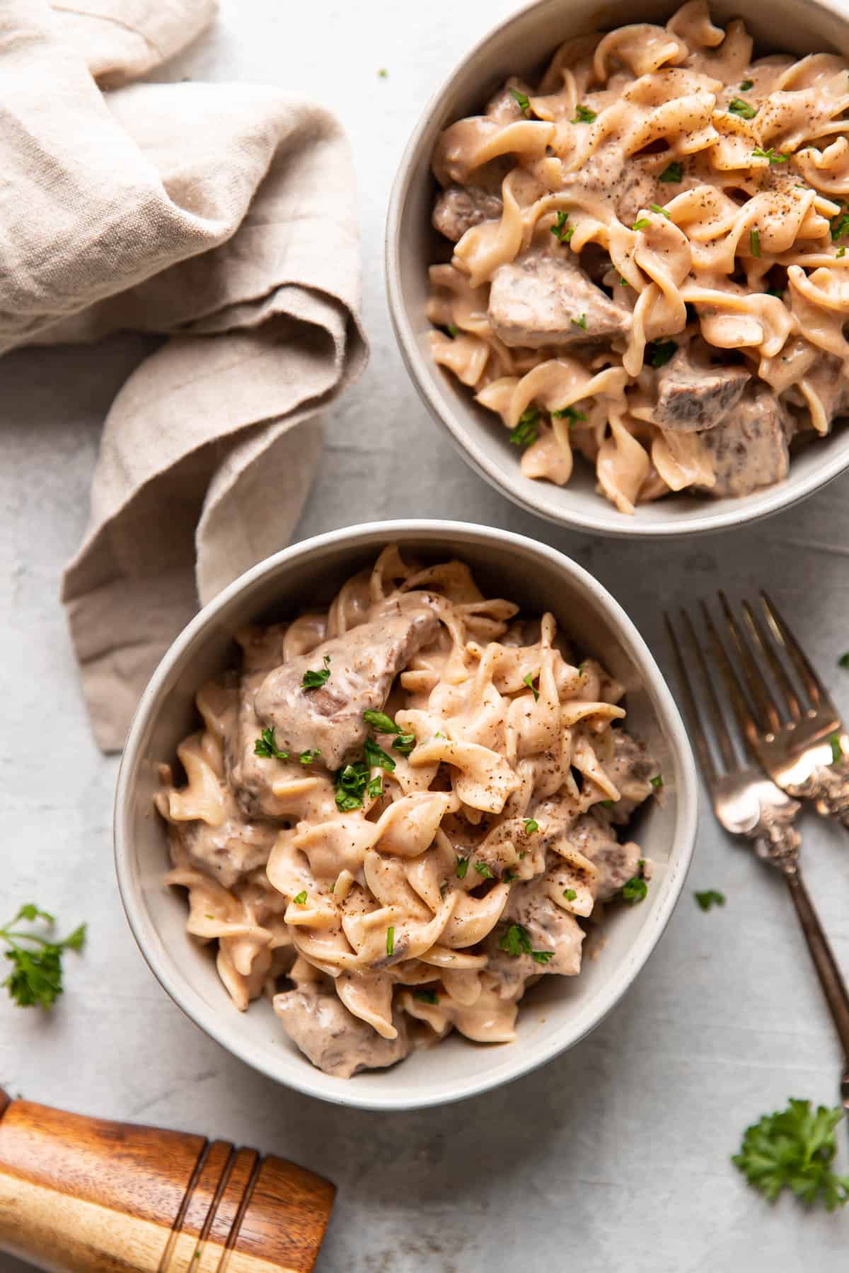 beef stroganoff with sour cream, egg noodle and chuck roast meat.