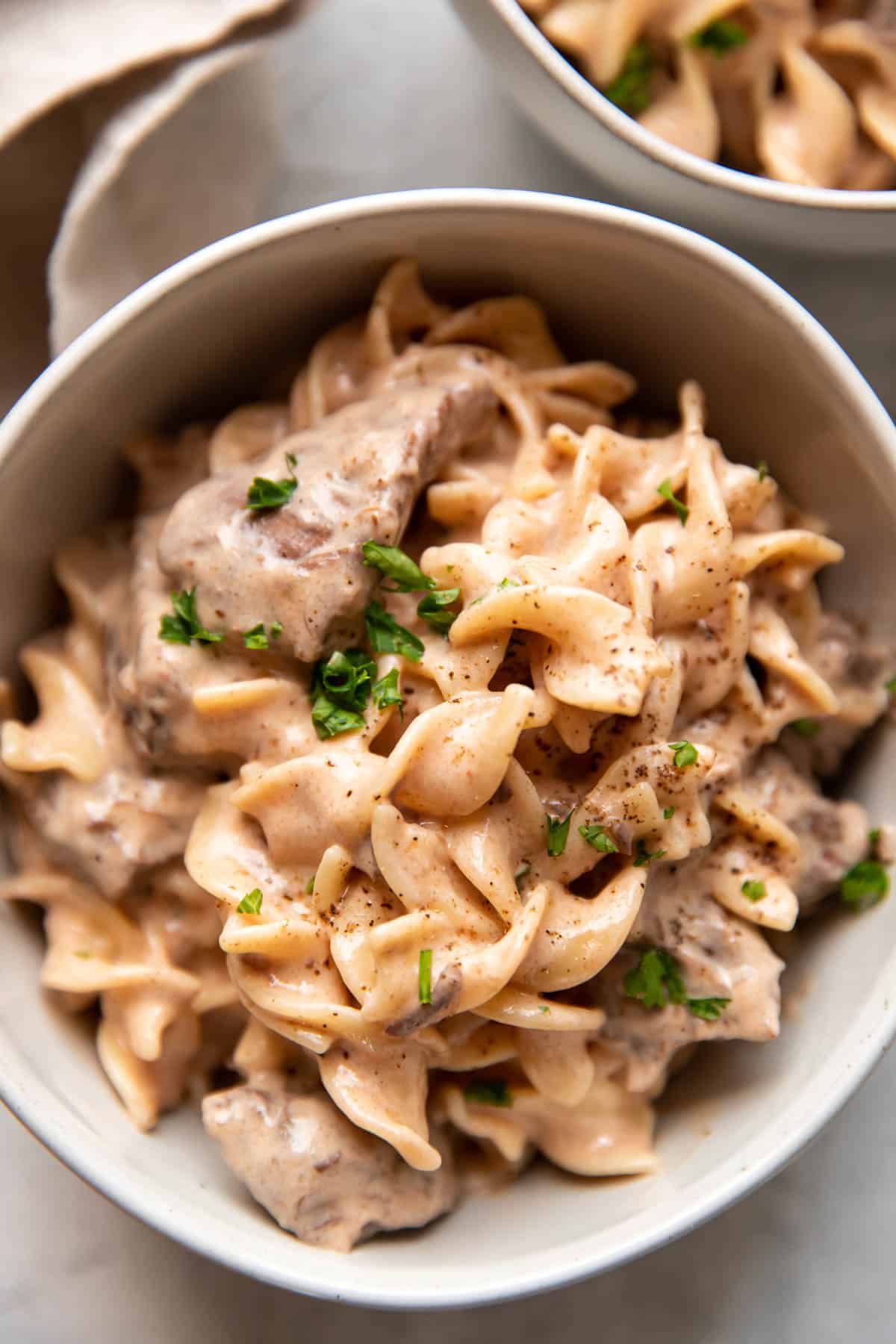 beef stroganoff with sour cream, egg noodle and chuck roast meat.