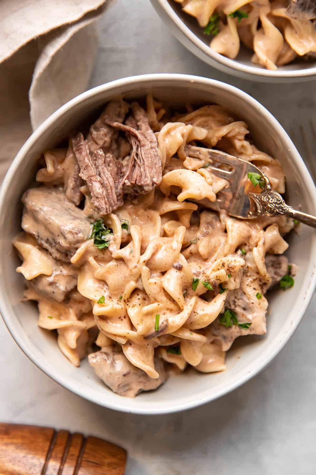 beef stroganoff with sour cream, egg noodle and chuck roast meat.