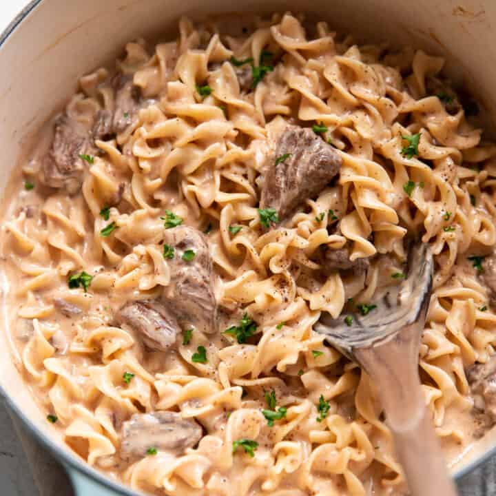 beef stroganoff with sour cream, egg noodle and chuck roast meat.