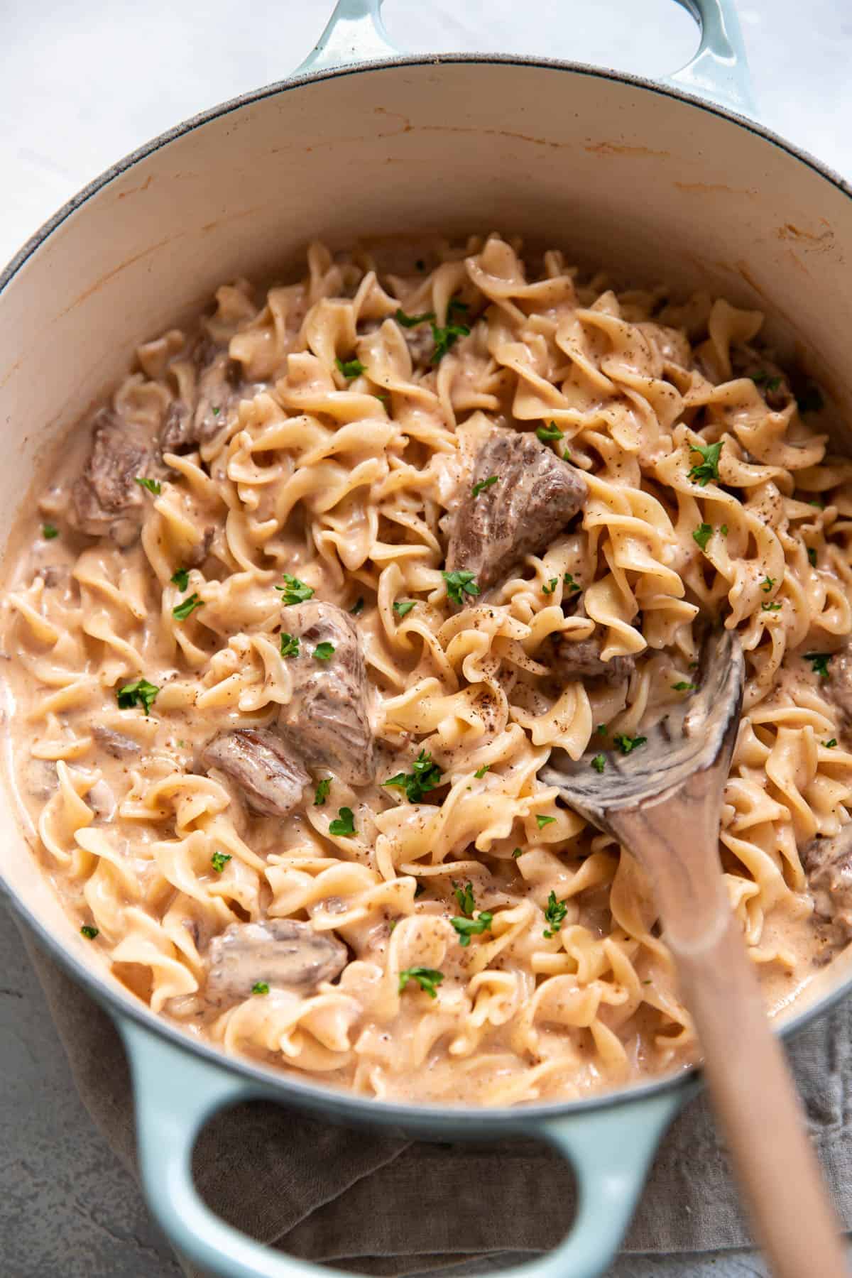 beef stroganoff with sour cream, egg noodle and chuck roast meat.
