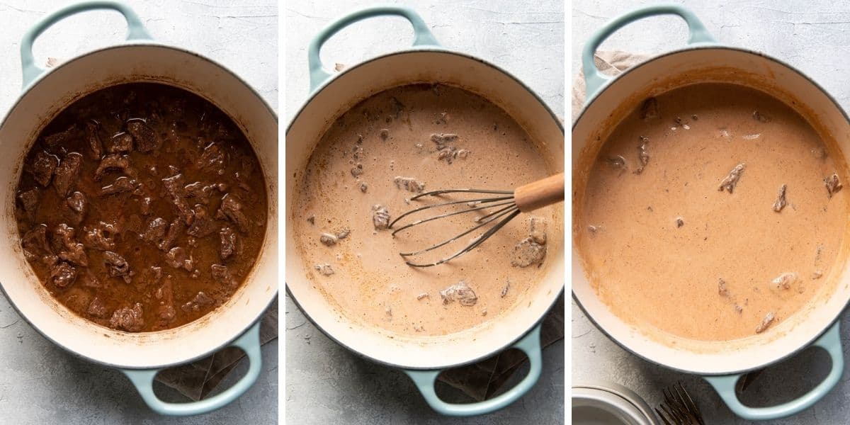 steps to making beef stroganoff in a collage.