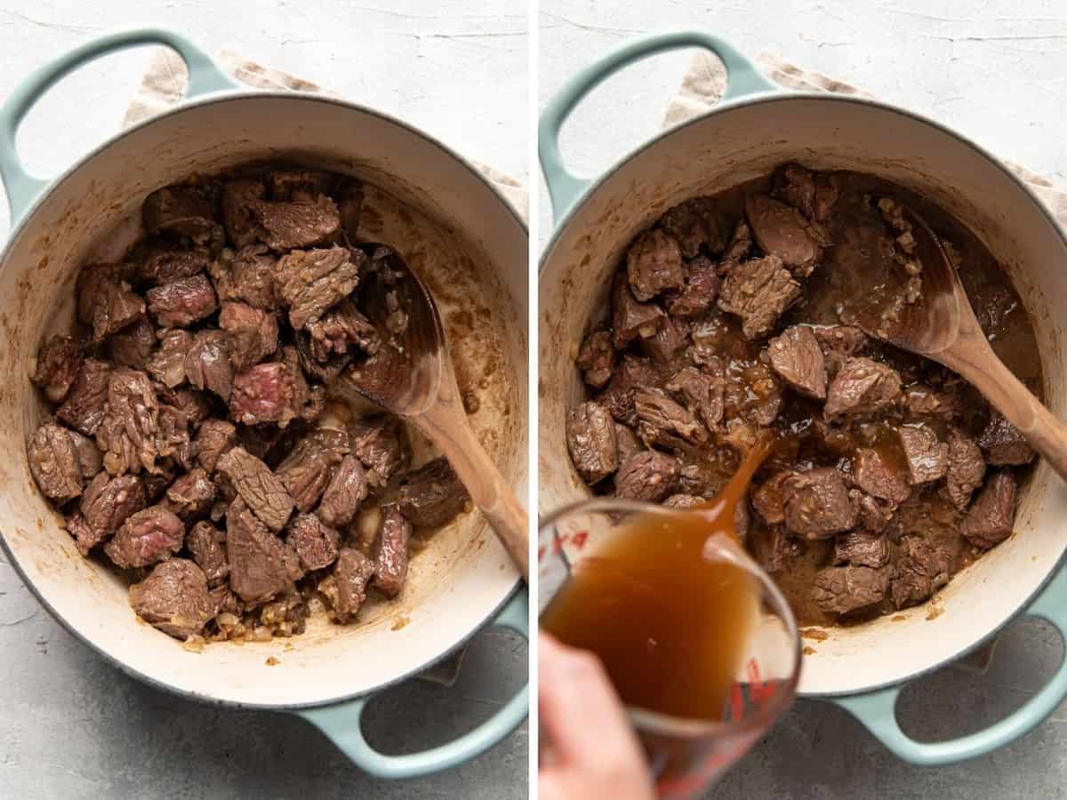 steps to making beef stroganoff, cooking the meat.