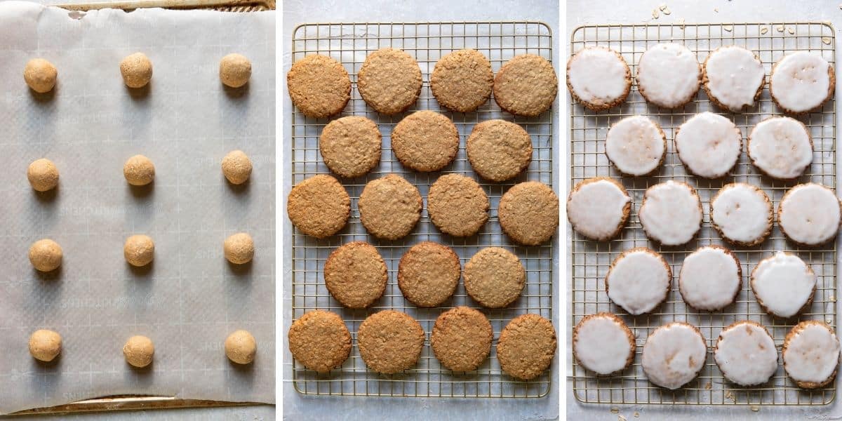 iced oatmeal cookies before and after baking collage