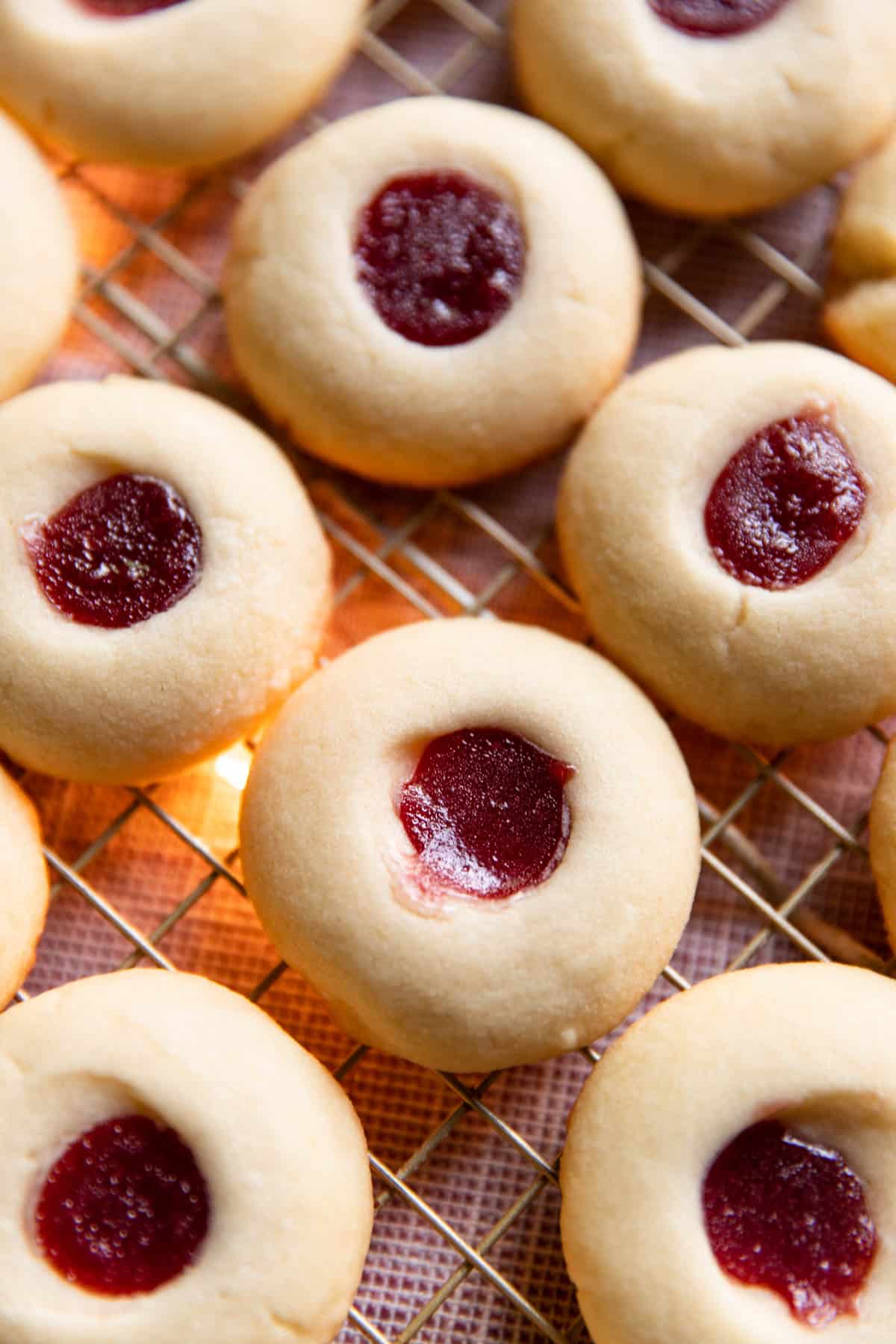 jam thumbprint cookies close up