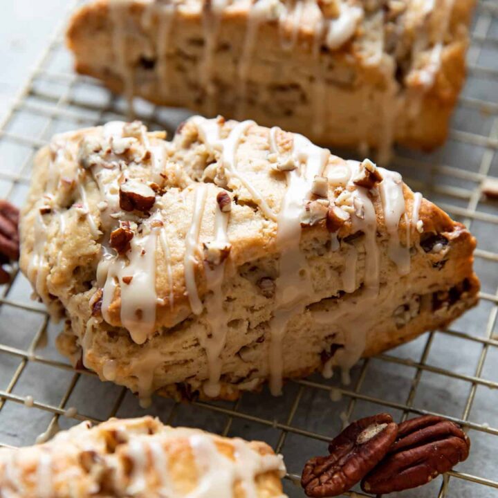 maple pecan scones on a cooling rack.