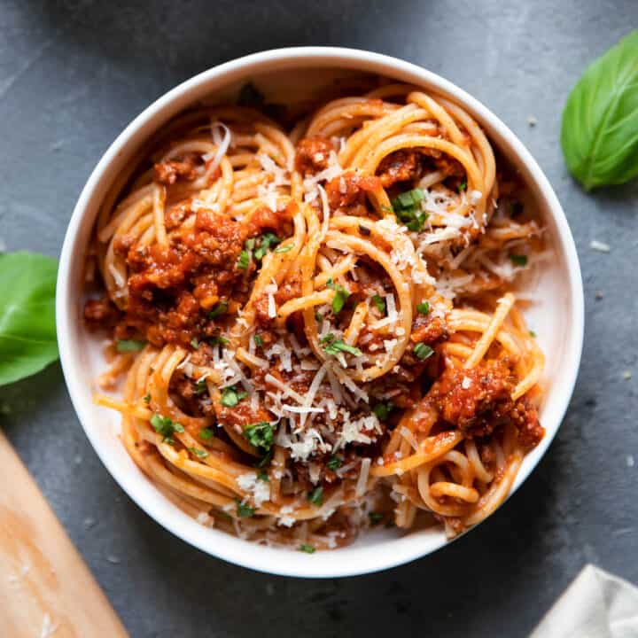 spaghetti bolognese in a bowl.