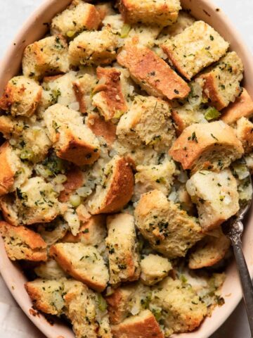 homemade stuffing in a baking dish.